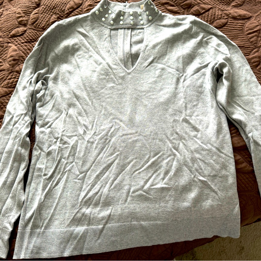 Michael Kors, grey embellished neck knit top.
